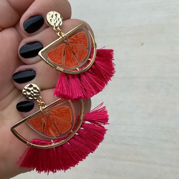 Acrylic Orange Slice Pink Fringe Tassel Earrings With Gold Tone Metal - Picture 5 of 5